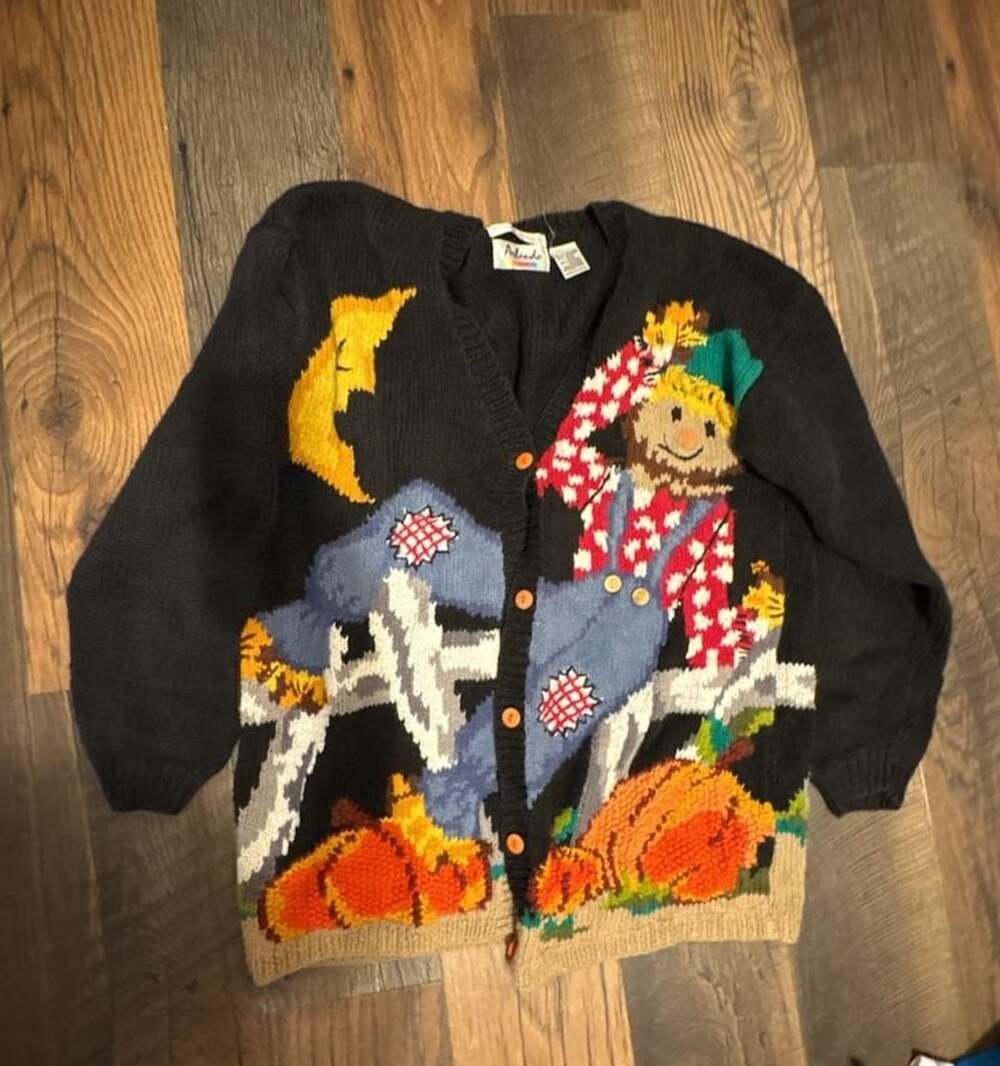 Vintage Aralando Scarecrow Pumpkin Halloween Cardigan Size XL